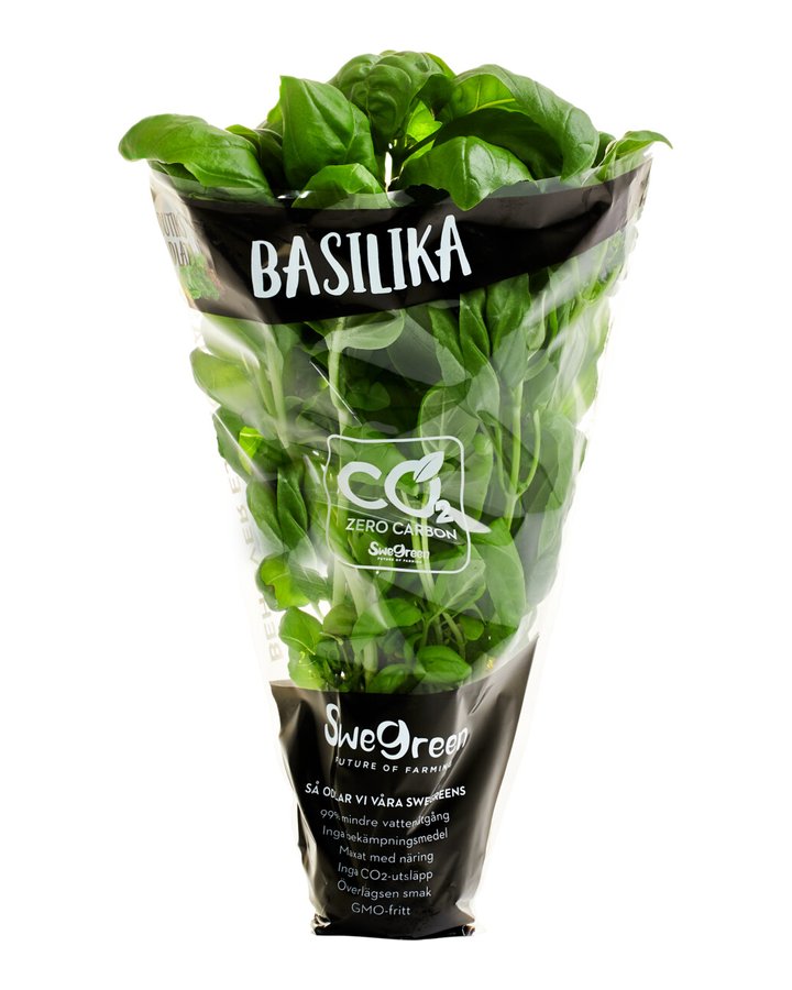 Basilika i Swegreens påse märkt Butiksodlat