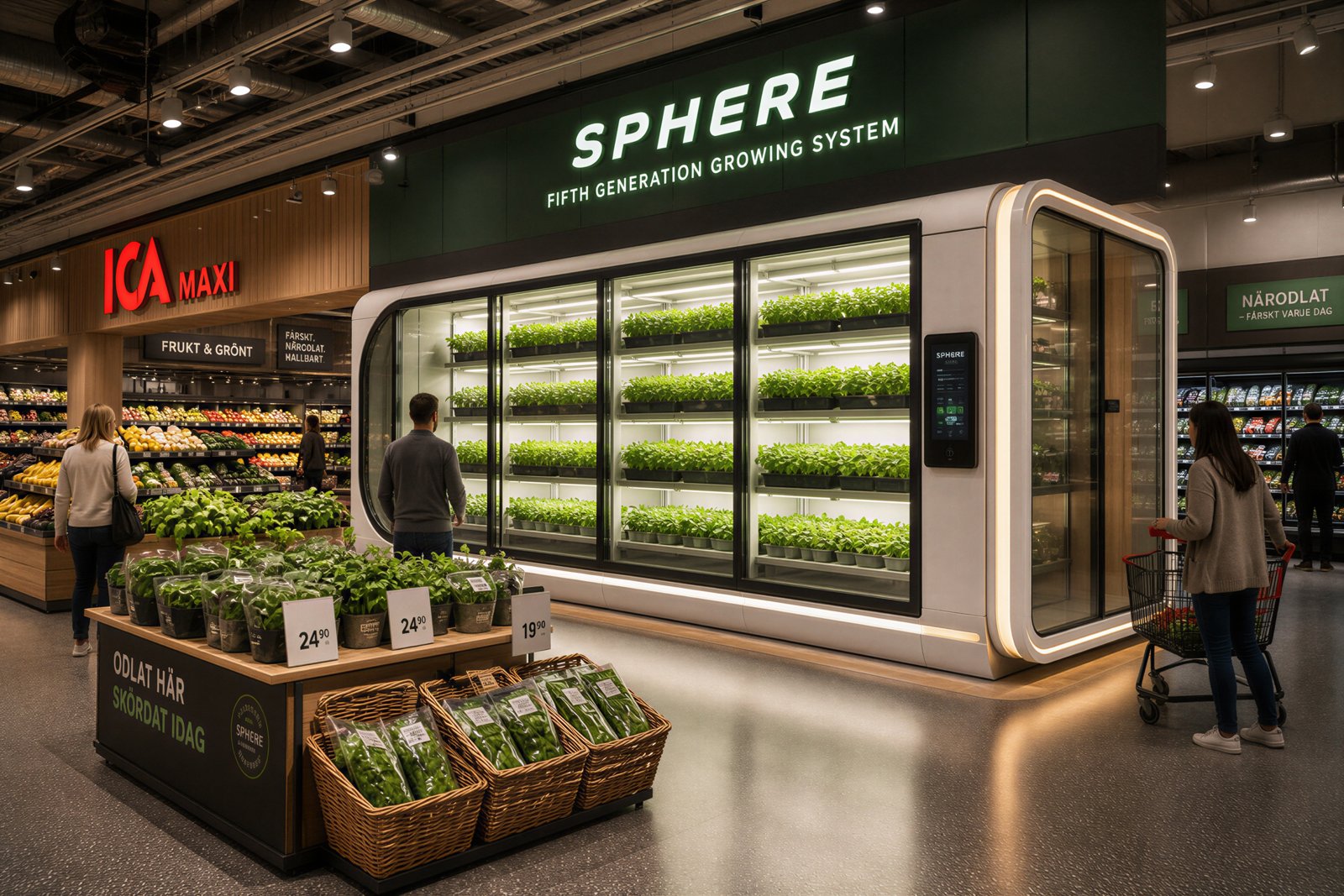 Sphere-modulen: en fristående odling med sallad och örter i rader bakom glas