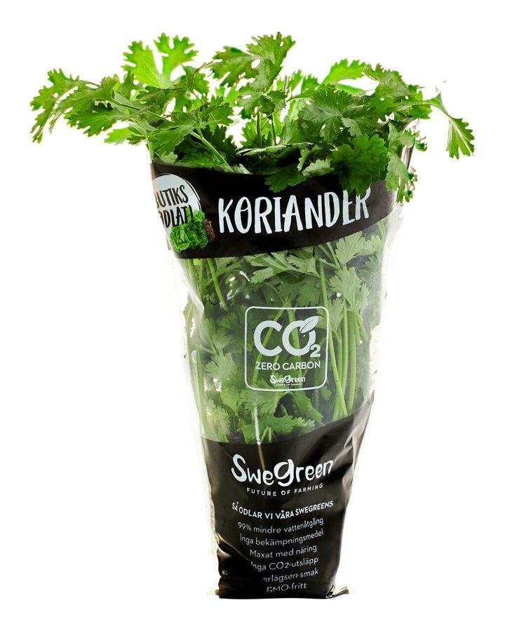 Koriander i Swegreens påse märkt Butiksodlat