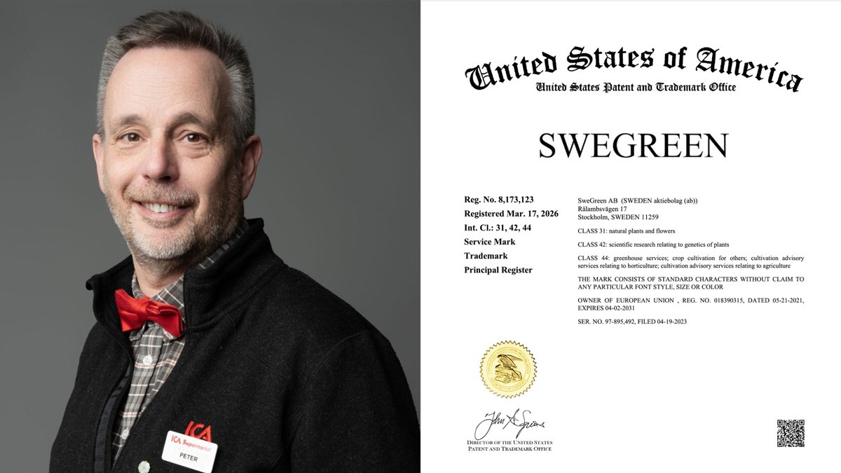 Handlaren Peter bredvid Swegreens amerikanska varumärkesregistrering