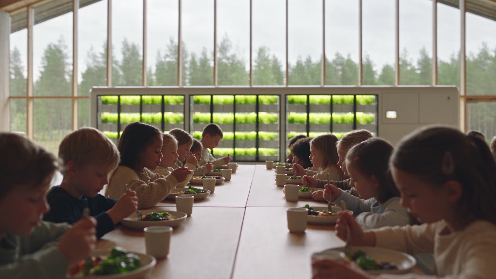 Illustration: barn som tittar på en odling med sallad i skolan