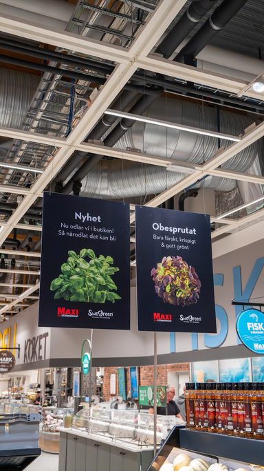 Hängande skyltar i butik: Nyhet och Obesprutat